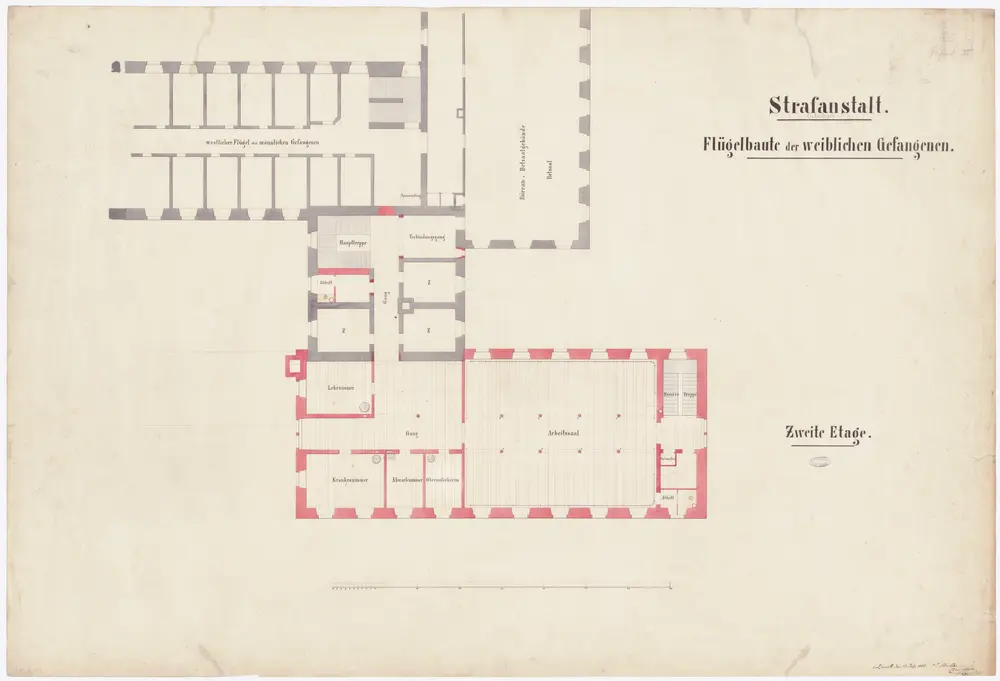 Kantonale Strafanstalt Oetenbach: Um- und Ausbau; Flügel für weibliche Gefangene, 2. Stock; Grundriss (2. Projekt)