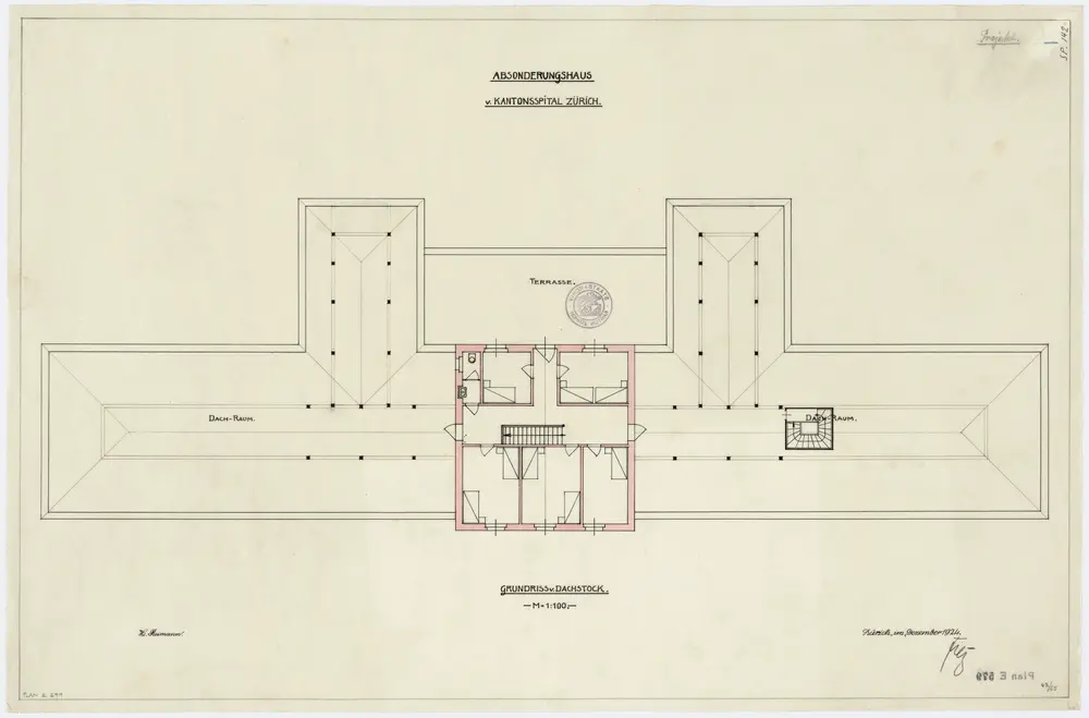 Zürich: Kantonsspital, Absonderungshaus, Aufstockungs-Projekt, Dachstock; Grundriss