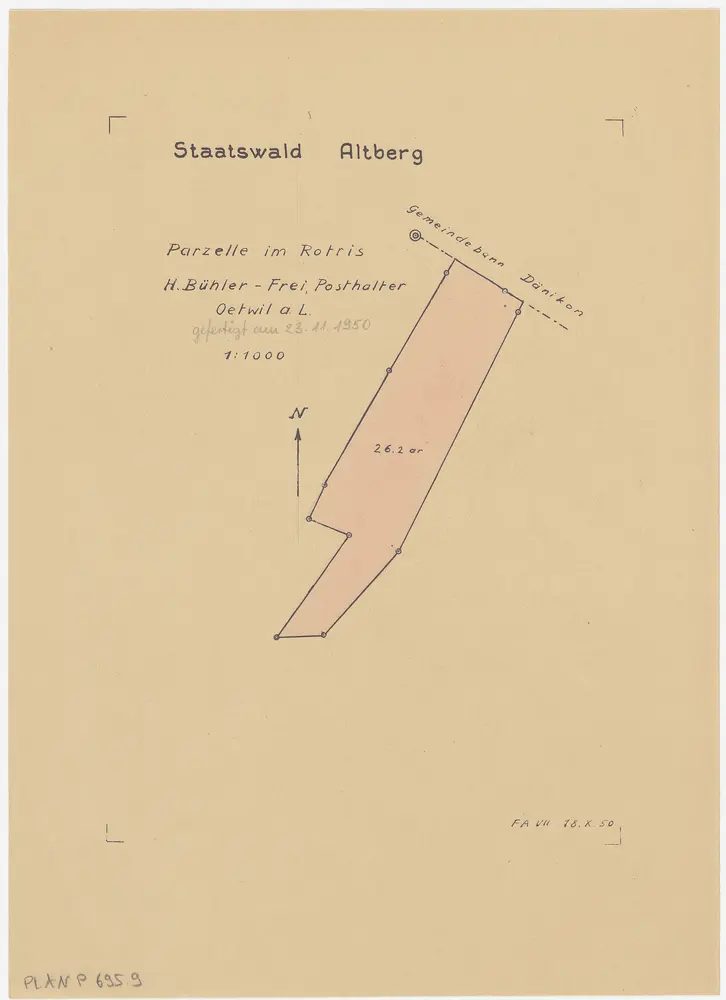 Weiningen, Geroldswil, Oetwil an der Limmat, Dänikon, Dällikon: Staatswaldungen: Oetwil an der Limmat: Parzelle von H. Bühler-Frei, Posthalter, im Rotriss (Rotris); Grundriss