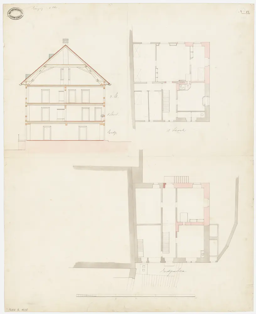 Unterstammheim: Pfarrhaus Stammheim; Grundrisse des Erdgeschosses und des 1. Stocks und Querschnitt (Nr. 12)