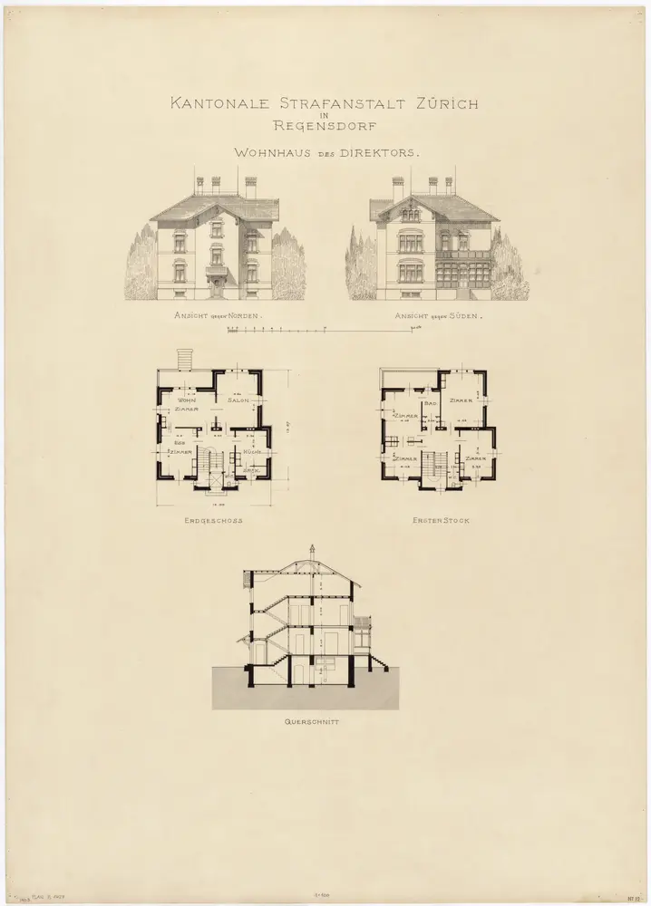 Regensdorf: Strafanstalt, Wohnhaus des Direktors; Ansichten, Grundrisse und Querschnitt (Nr. 12)