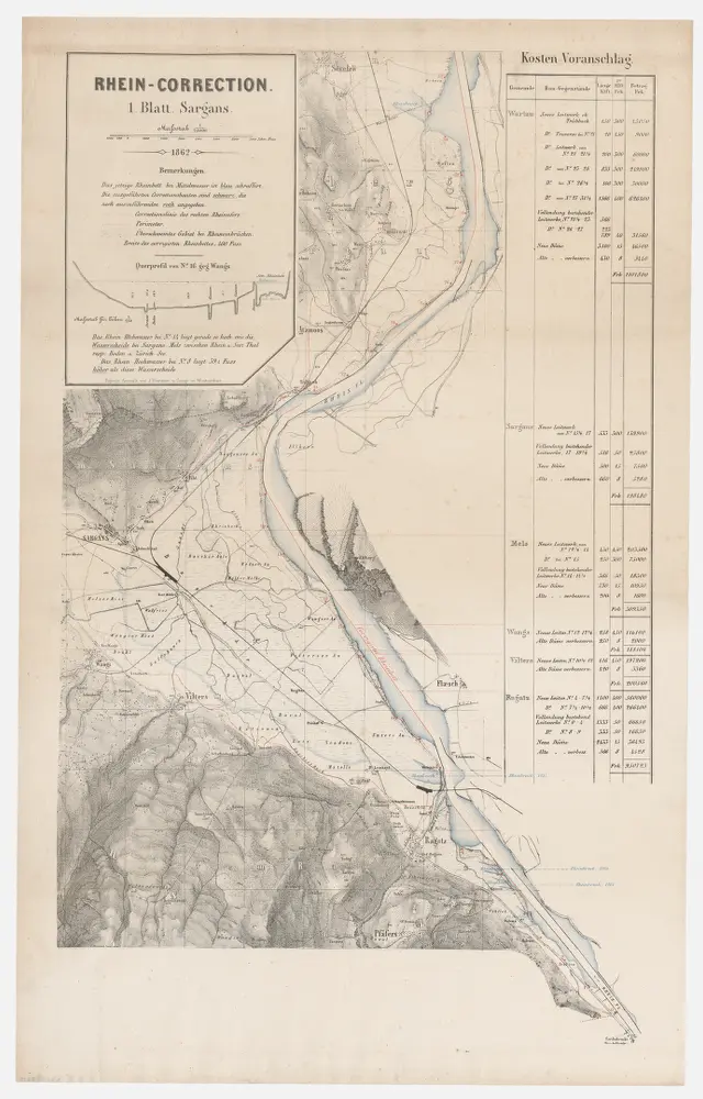 Sargans SG bis Rheineck SG: Rheinkorrektionen; Grundrisse: Blatt 1: Sargans