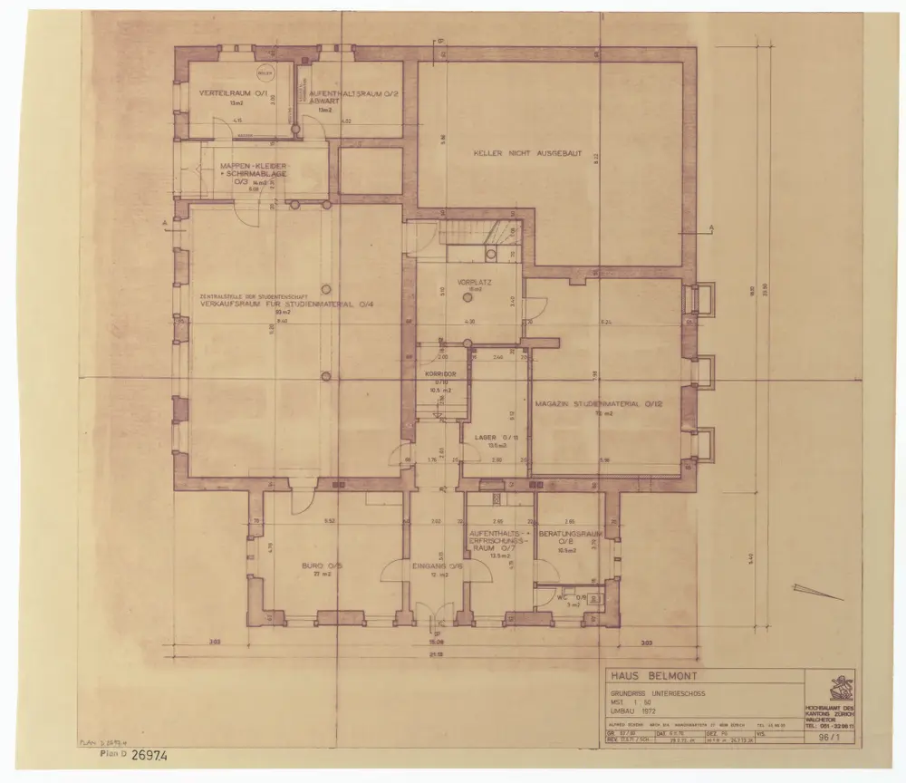 Haus Belmont, Rämistrasse 67: Umbau 1972; Grundrisse: Untergeschoss; Grundriss