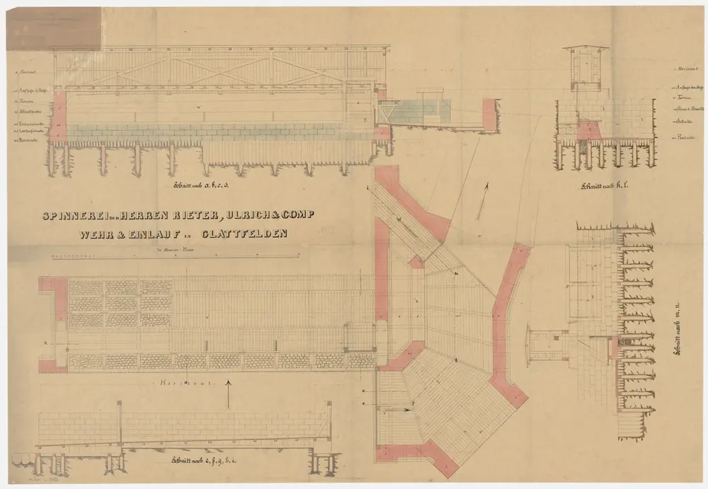 Glattfelden: Wehr und Einlauf der Spinnerei Rieter, Ulrich und Comp. in Glattfelden (Lettenwehr); Schnitte (Glatt-Gebiet Nr. 14)
