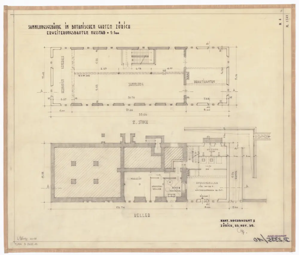 Botanischer Garten: Sammlungsgebäude: Erweiterungsbauten, Keller und 2. Stock; Grundrisse