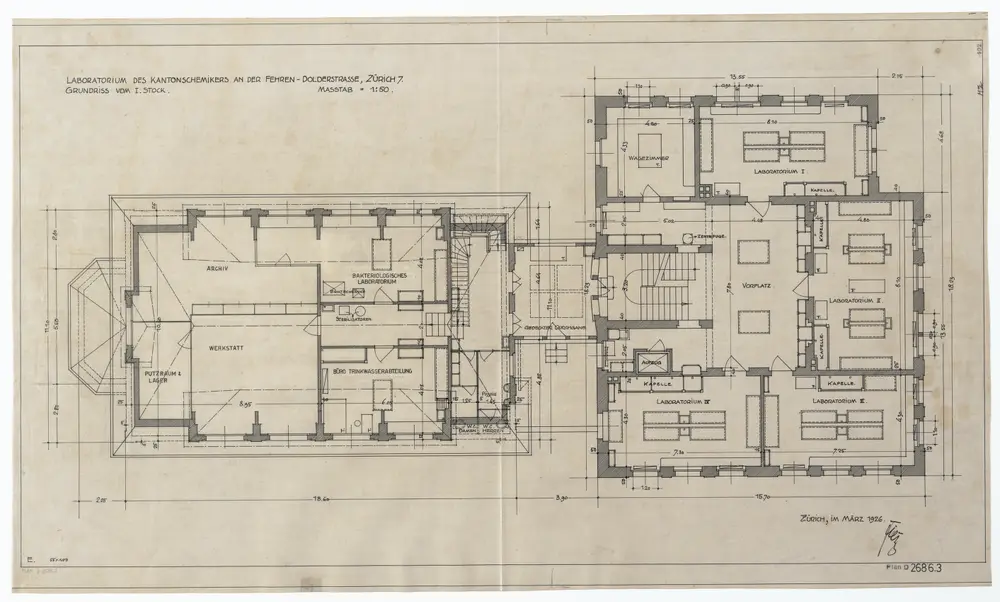 Laboratorium des Kantonschemikers, Fehrenstrasse 15: Grundrisse und Längsschnitt: 1. Stock; Grundriss