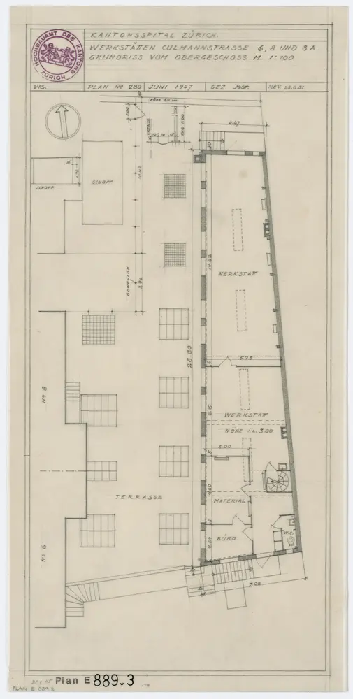 Zürich: Kantonsspital, Liegenschaft Culmannstrasse 6, 8 und 8A; Grundrisse und Schnitt: Werkstätten, Obergeschoss; Grundriss