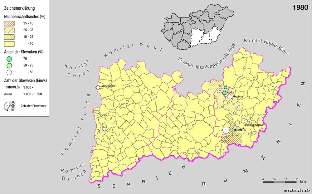 Siedlungsgebiet der Slowaken nach dem Nachbarschaftsindex für die Südliche Tiefebene 1980