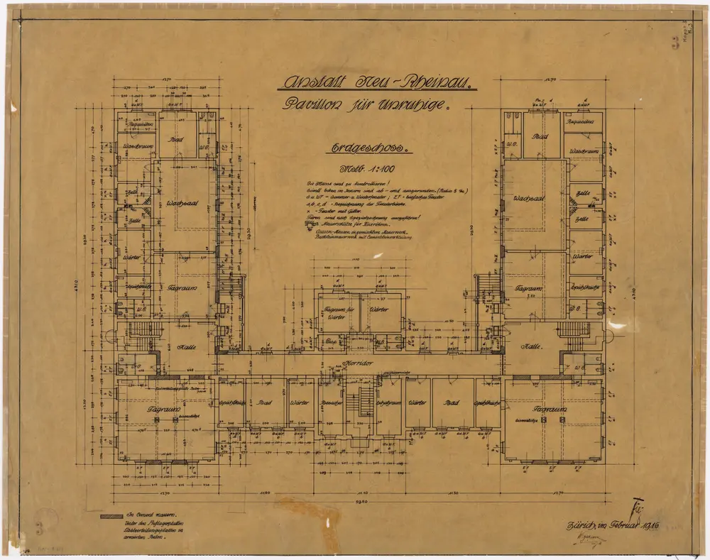Pflegeanstalt Neu-Rheinau: Gebäude für Unruhige, Erdgeschoss; Grundriss