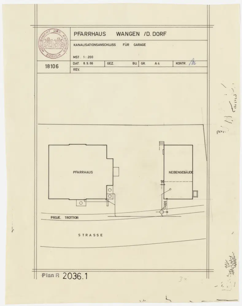 Wangen-Brüttisellen (damals Wangen): Pfarrhaus mit Nebengebäude: Pfarrhaus mit Nebengebäude, Kanalisationsanschluss der Garage; Grundriss