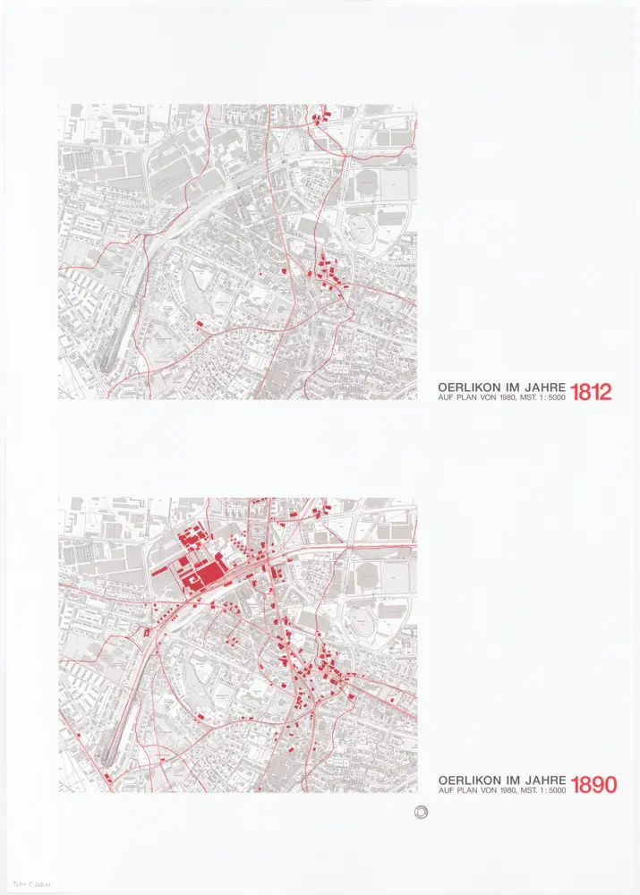 Historische Bauzustände der Zürcher Aussenquartiere in 48 Blättern: Oerlikon in den Jahren 1812 und 1890 auf Plänen von 1980; Übersichtspläne