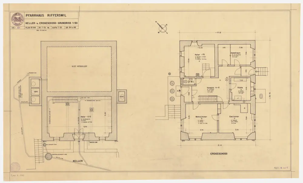 Rifferswil: Pfarrhaus, Keller und Erdgeschoss; Grundrisse