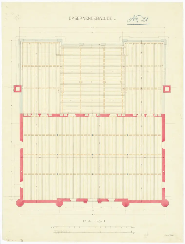 Projektierte Kaserne: Mittelbau, 5. Stock; Grundriss