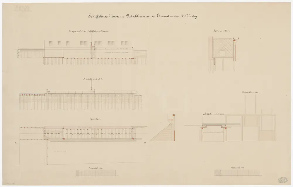 Zürich: Oberer Mühlesteg, Frei- und Schifffahrtsschleusen der Limmat; Ansicht, Grundriss, Längsprofil und Schnitte