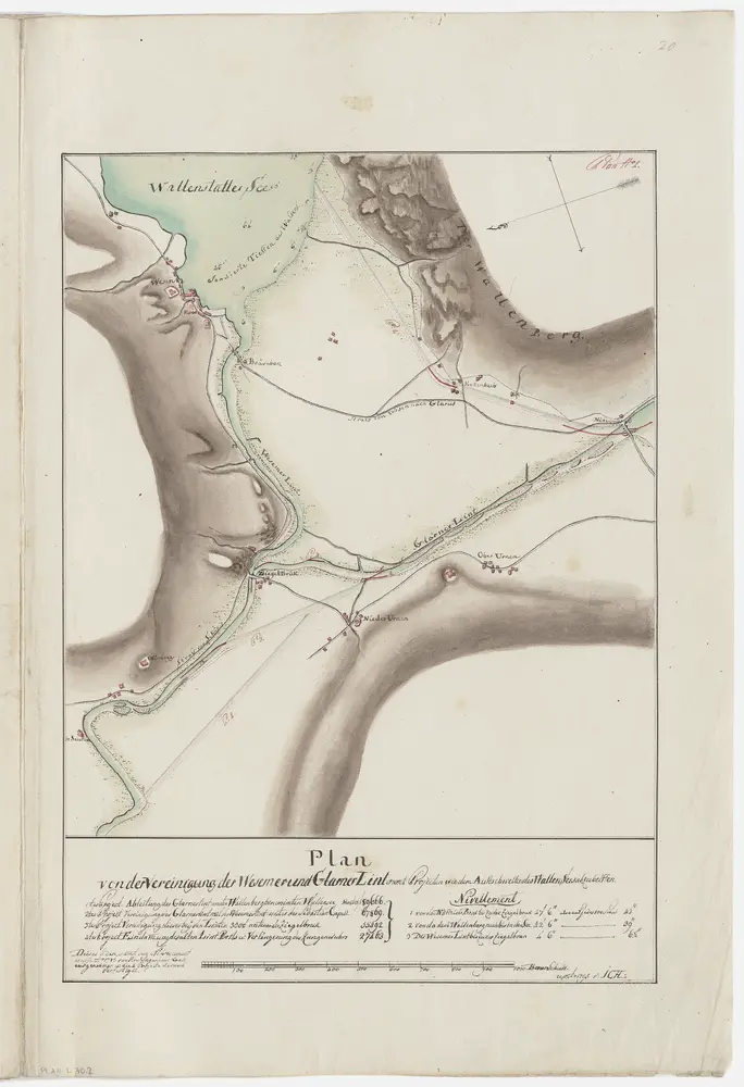 Weesen SG bis Tuggen SZ: Memoire über die Ableitung des Walensees durch Verbesserung des Abflusses der Weesener Linth bei der Ziegelbrücke: Weesen SG, Mollis GL, Oberurnen GL, Niederurnen GL, Schänis SG: Vereinigung der Weesener Linth und der Glarner Linth samt Projekten zur Verhinderung des Aufschwellens des Walensees; Grundriss