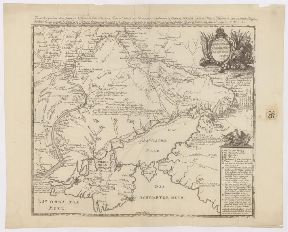 Théatre des opérations de la guerre dans la Tartarie du Cuban, Ozakow & Tartarie Crimée, avec les marches & rendés vous de l'armée de Russie contre les Turcs & Tartares, le tout suivant l'original de Pétersbourg, venant du camp de la Tartarie, Crimeé, mois de juillet [1]737