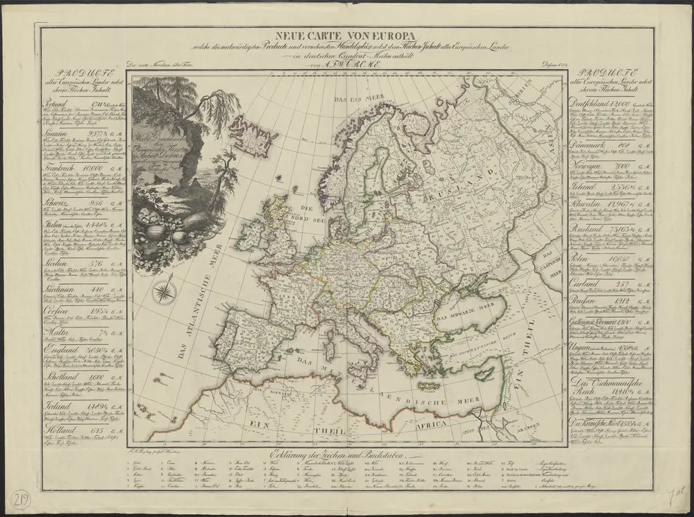 Neue Carte von Europa welche die merkwürdigsten Producte und vornehmsten Handelspläze nebst den Flächen-Inhalt aller Europäischen Länder in deutschen Quadrat-Meilen enthält