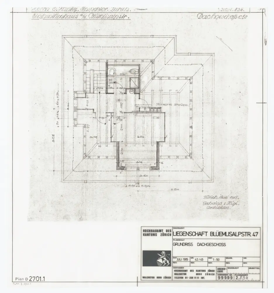 Einfamilienhaus Blümlisalpstrasse 47: Ansichten, Grundrisse und Querschnitt: Dachgeschoss; Grundriss