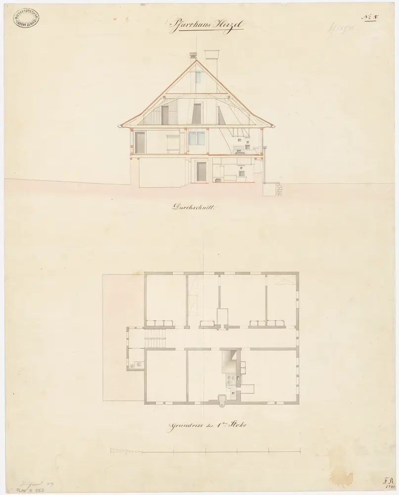 Hirzel: Pfarrhaus; Querschnitt und Grundriss des 1. Stocks (Nr. 8)