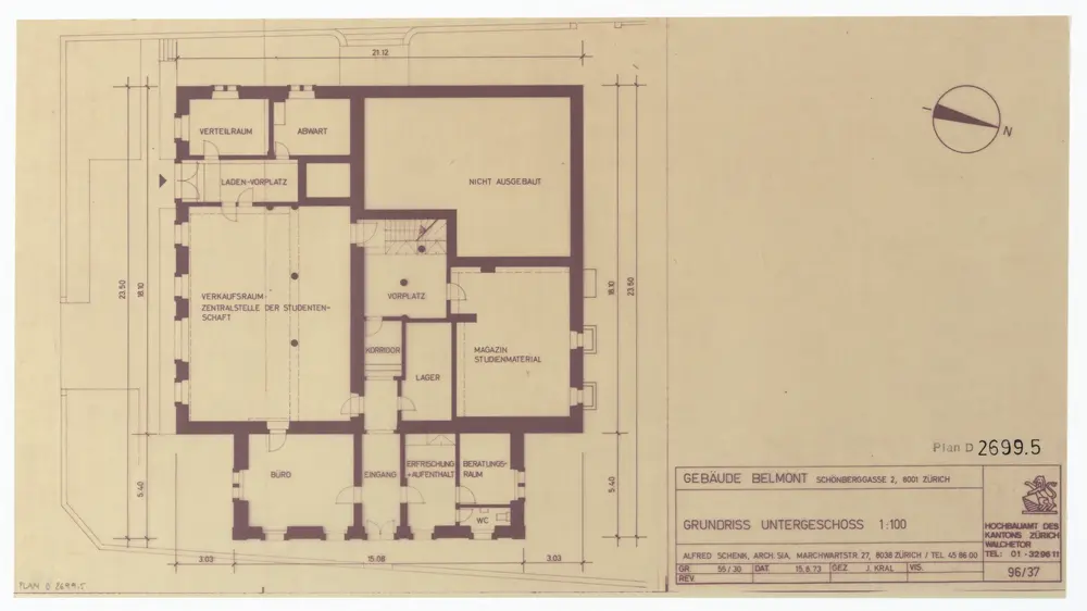 Haus Belmont, Rämistrasse 67: Grundrisse und Schnitt: Untergeschoss; Grundriss