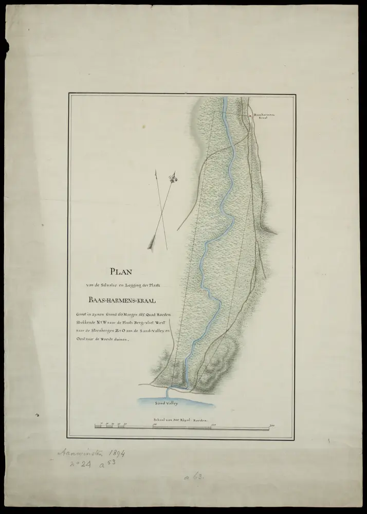 Plan van de situatie en legging der plaats Baas-Harmens-Kraal.