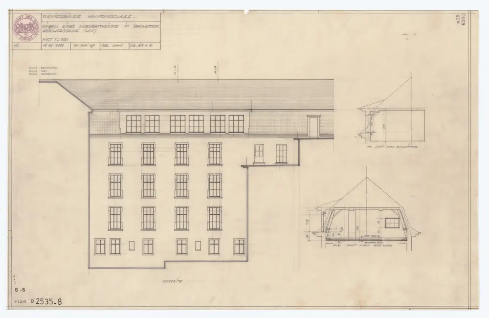 Kantonsschule Zürich, Rämistrasse 76: Einbau eines Laboratoriums im Dachstock: Rückfassade und Schnitte