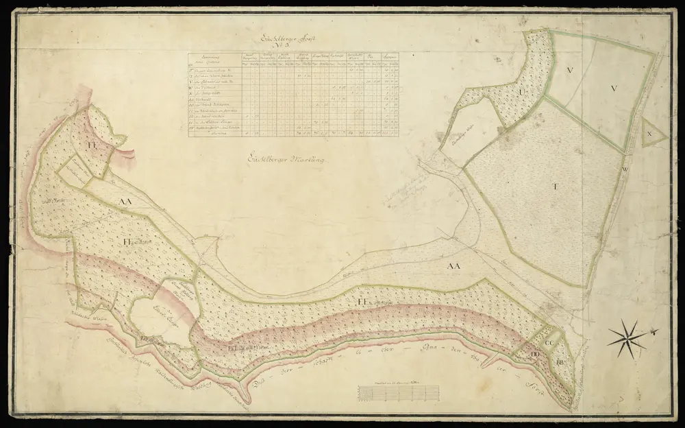 HZAN GA 100_Nr. 408_ : Waldenburg; "Büchelberger Forst Nr. 3";ohne Verfasser;60 Ruten = 14,2 cm;115 x 71 cm; Norden oben nach rechts;Papier auf Leinwand; Federzeichnung mit Schraffen; Waldstücke und Grenzen in Wasserfarben; unten Verzeichnis der Waldstücke mit Meßgehalt und Bewachsung.