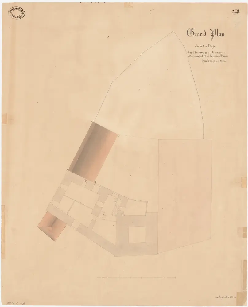 Grüningen: Schlossgebäude mit Kirche und projektiertem neuen Holzschuppen und Spritzenhaus, 1. Stock; Grundriss (Nr. 9)