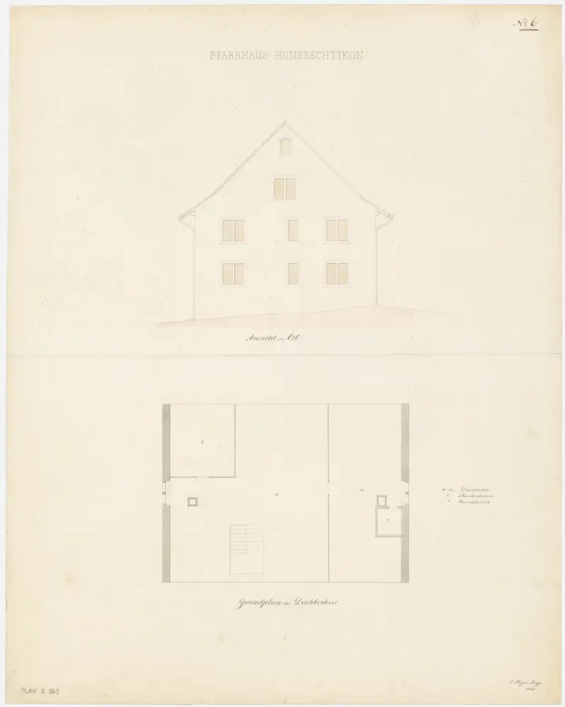 Hombrechtikon: Pfarrhaus; Ostansicht und Grundriss des Dachgeschosses (Nr. 6)