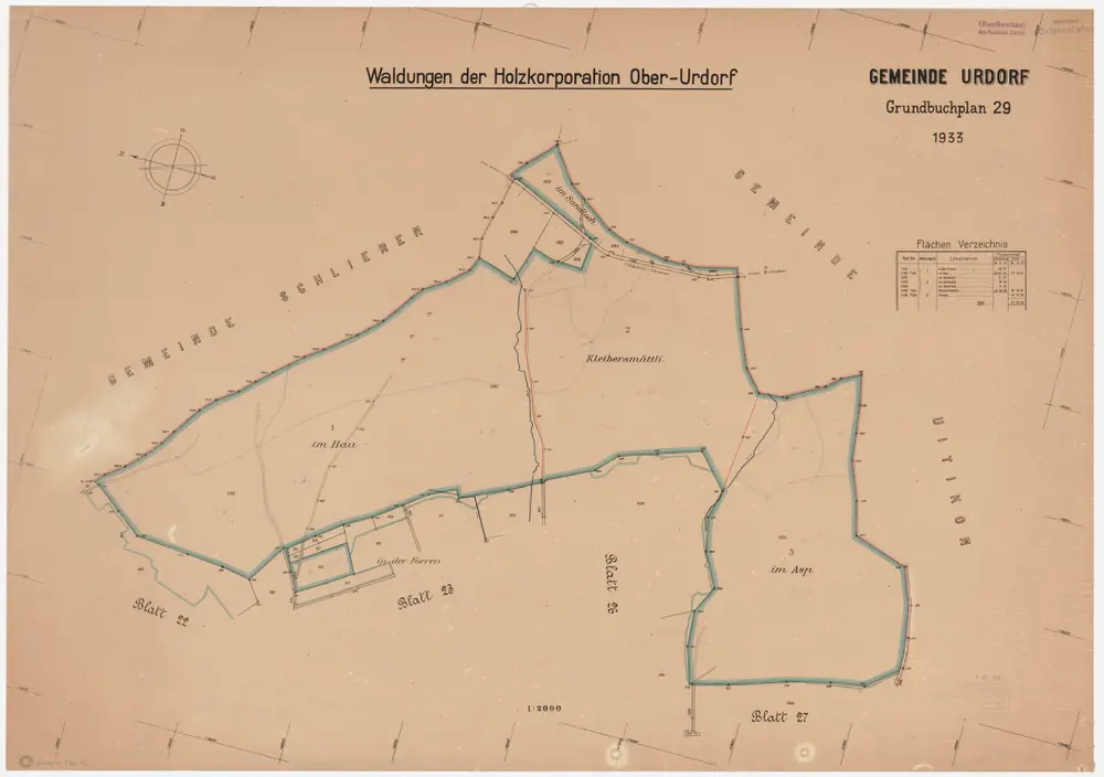 Urdorf: Gemeinde- und Genossenschaftswaldungen Oberurdorf: Oberurdorfer Genossenschaftswaldung mit Hau, Sandloch, Foren (Forren), Chleibersmätteli (Kleibersmättli), Asp; Grundriss