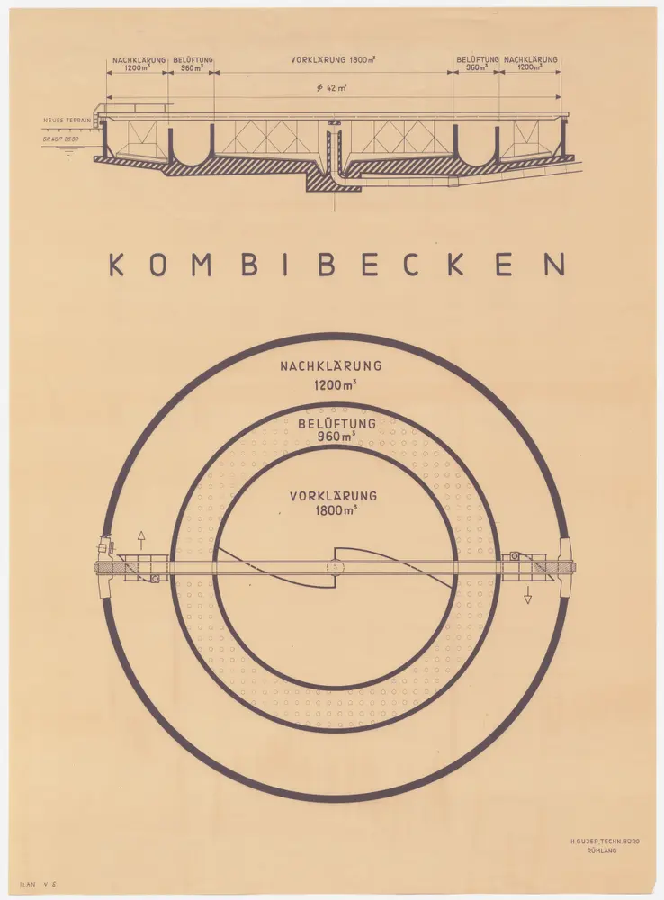 Dübendorf: Kombibecken der Abwasserreinigungsanlage; Grundriss und Querschnitt