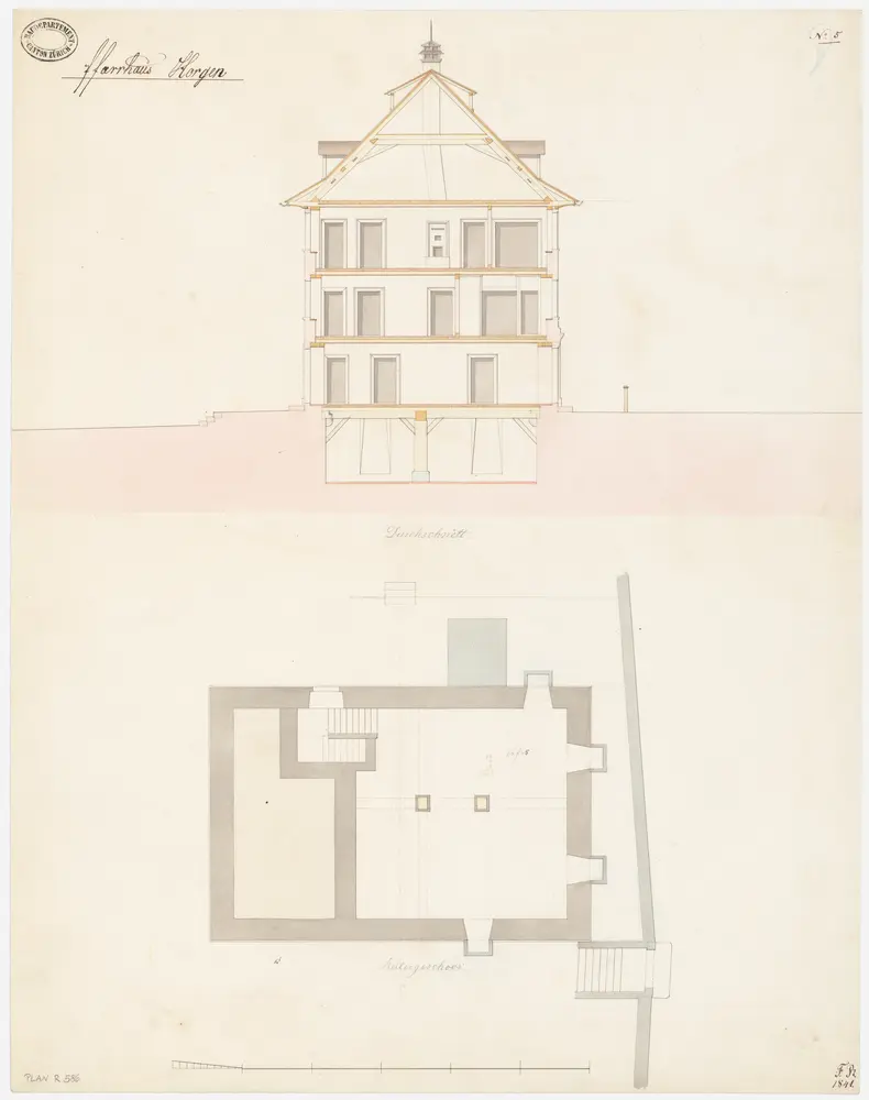 Horgen: Pfarrhaus; Grundriss des Kellers und Querschnitt (Nr. 5)