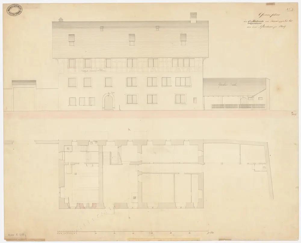 Rüti: Pfarrhaus; Grundriss des Erdgeschosses und Südostansicht (Nr. 3)