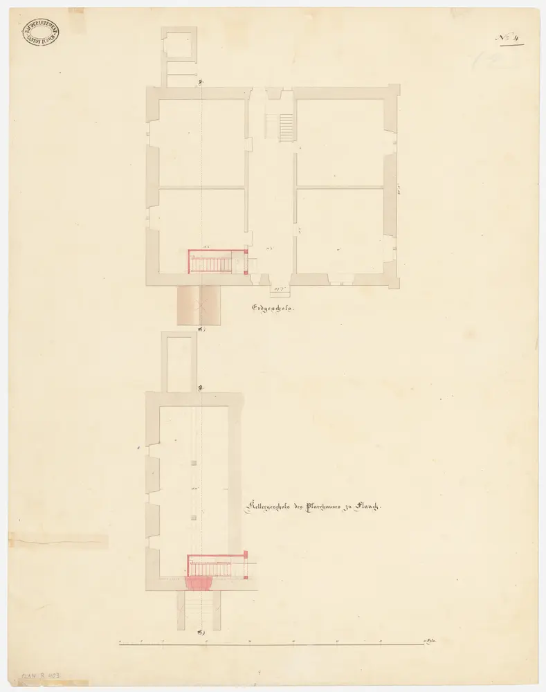 Flaach: Pfarrhaus, vor der projektierten Umänderung, Keller und Ergeschoss; Grundrisse (Nr. 4)