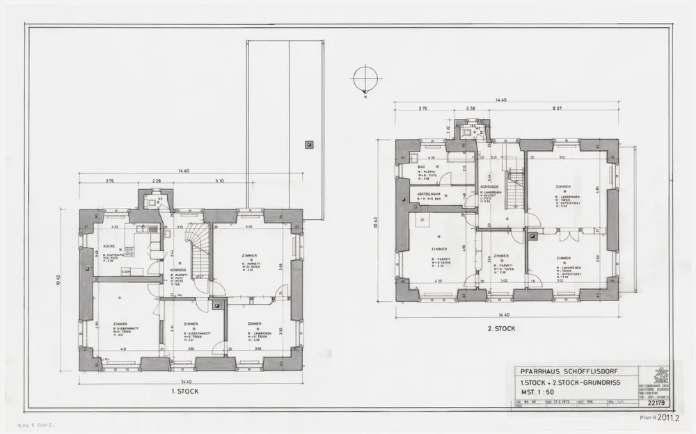 Schöfflisdorf: Pfarrhaus mit angebautem Schuppen: Pfarrhaus, 1. und 2. Stock; Grundrisse