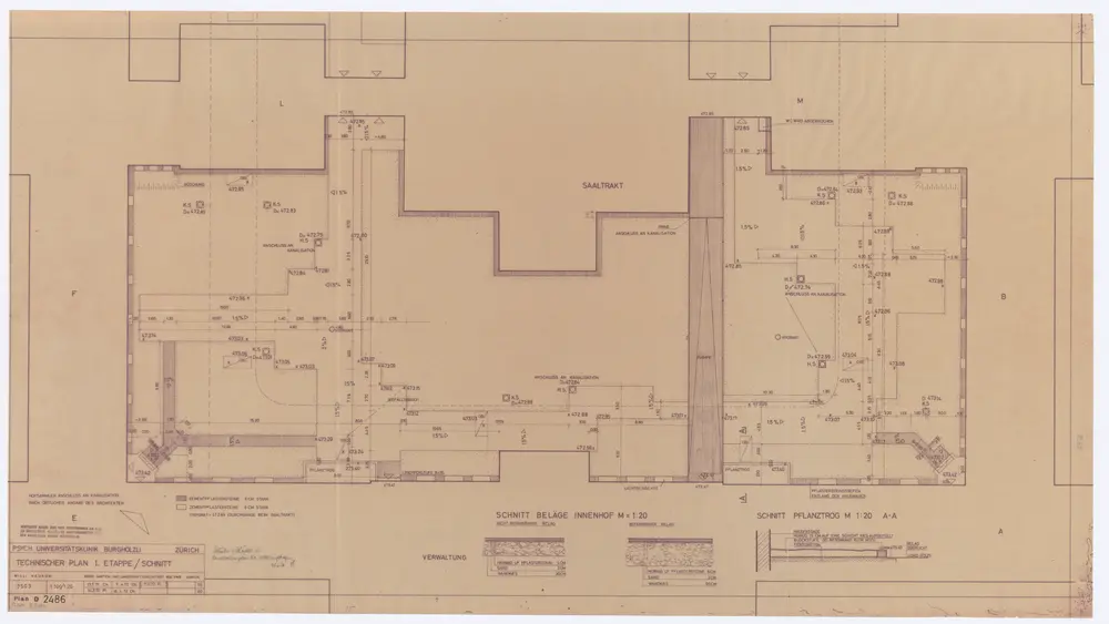 Psychiatrische Universitätsklinik Burghölzli: Innenhof, I. Etappe; Technischer Plan und Schnitte