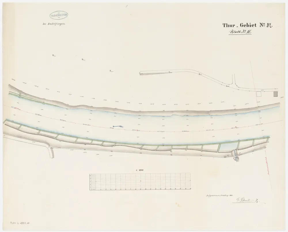 Andelfingen (damals Grossandelfingen), Kleinandelfingen, Flaach: Thur von oberhalb der Andelfinger Eisenbahnbrücke bis zur Einmündung in den Rhein, Thurkorrektion: Blatt XI: Andelfingen (damals Grossandelfingen), Kleinandelfingen: Thurkorrektion; Situationsplan (Thur-Gebiet Nr. 57)