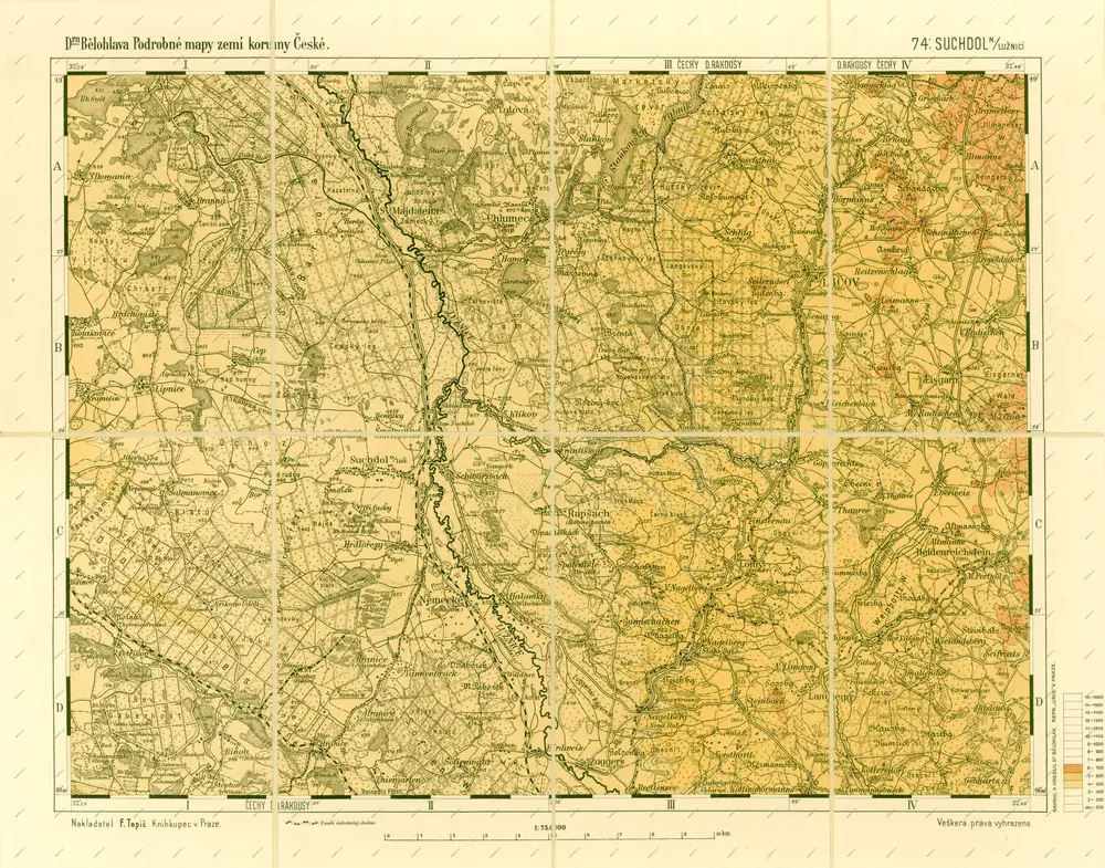 Podrobné mapy zemí Koruny české v měřítku 1:75.000 a mapa vzdáleností všech míst při silnici ležících - Suchdol n. Lužnicí. Průvodce statisticko-historický po všech místech na těchto mapách uvedených a rejstřík věcný názvů hor, potoků, řek, rybníků atd. Sešit 50. List 74,