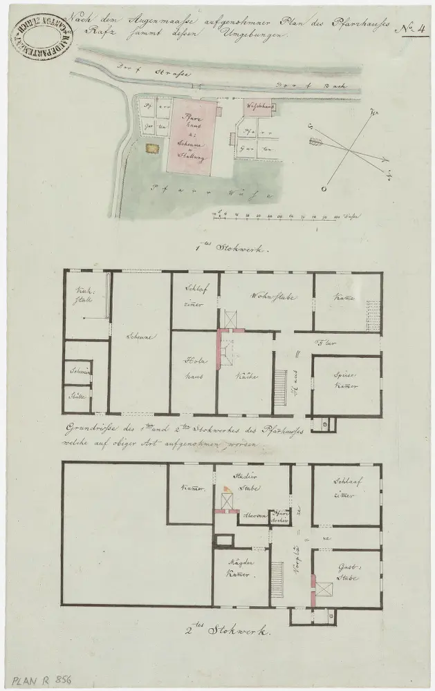 Rafz: Pfarrhaus und Umgebung; Grundriss des Pfarrhauses mit Umgebung und des 1. und 2. Stocks (Nr. 4)