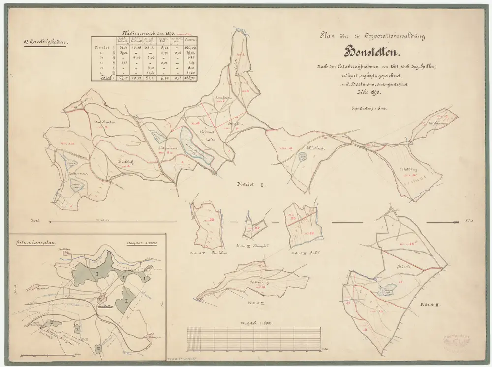 Bonstetten: Genossenschaftswaldung: Distrikte I-VI; Grundrisse und Übersichtsplan