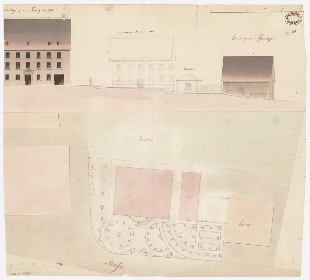 Uster; Wirtshaus zum Kreuz, projektiertes Pfarrhaus und Wasch- und Holzhaus sowie Scheune (Variante 3); Grundriss und Ansicht (Nr. 13)