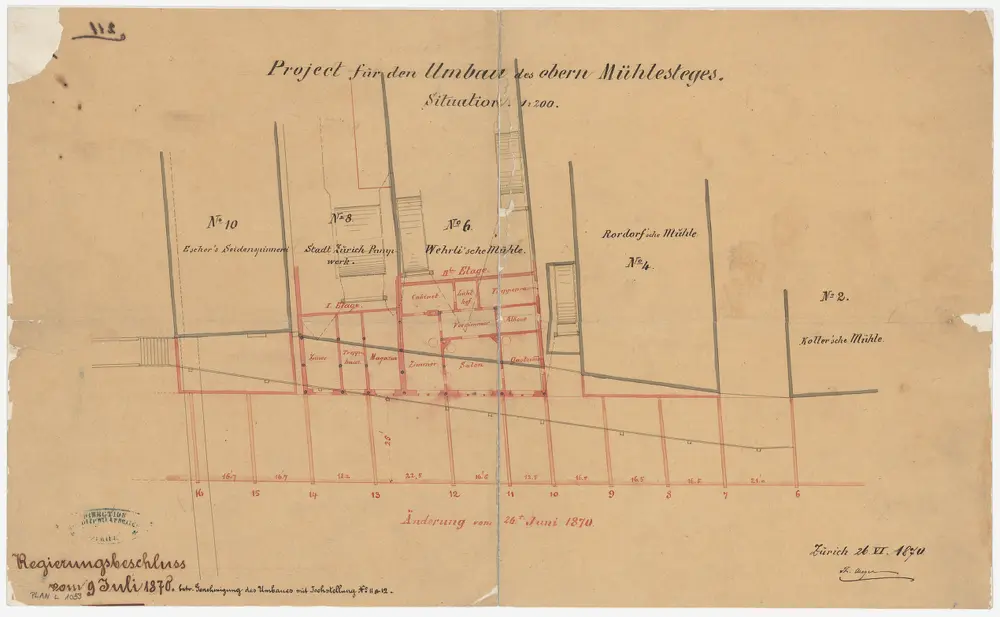 Zürich: Oberer Mühlesteg, projektierter Umbau; Situationsplan (Zürichsee-Abfluss Nr. 88 c)