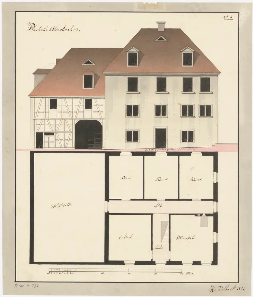 Niederhasli: Pfarrhaus mit angebauter Scheune; Südostansicht und Grundriss des 2. Stocks (Nr. 4)