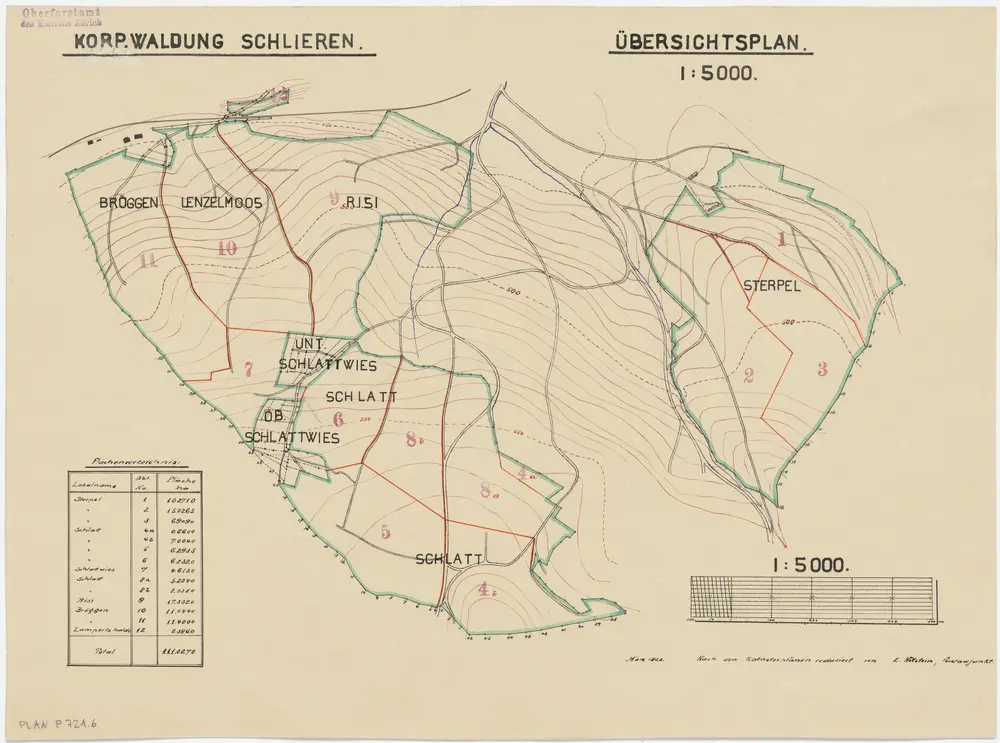 Schlieren: Gemeinde- und Genossenschaftswaldungen: Genossenschaftswaldungen Brööggen (Bröggen), Länzelmoos (Lenzelmoos), Lampertshalden, Risi, Untere und Obere Schlattwies, Schlatt, Stärpel (Sterpel); Grundriss