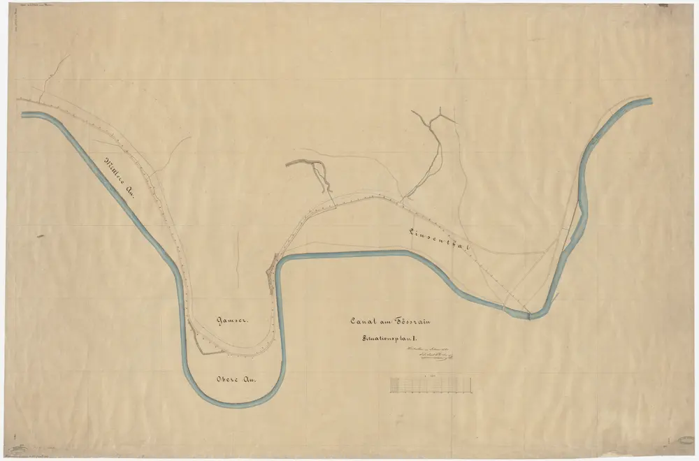 Winterthur, Töss: Töss von der Kyburgerbrücke bis Untere Au, projektierter Kanal am Tössrain; Situationsplan (I. Blatt)