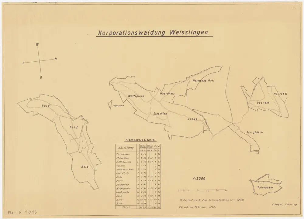 Weisslingen: Genossenschaftswaldungen Böld, Wolfgrueb (Wolfsgrube), Ischlag (Einschlag), Hard (Haardholz), Hermanns Rüti, Dicki (Dicke), Gisnest (Gisnäst, Gysnest), Helltobel, Steighölzli, Tieracher (Thieracker); Grundrisse