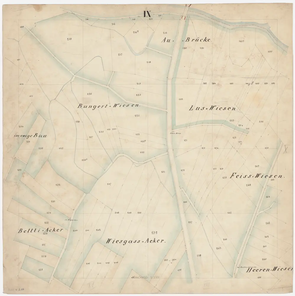 Schwamendingen: Gemeinde; Katasterpläne: Blatt IX: Aubrücke, Im ewige Bau, Bungertwiesen, Luswiesen, Feisswiesen, Wiesgassacker, Heerenwiesen; Situationsplan