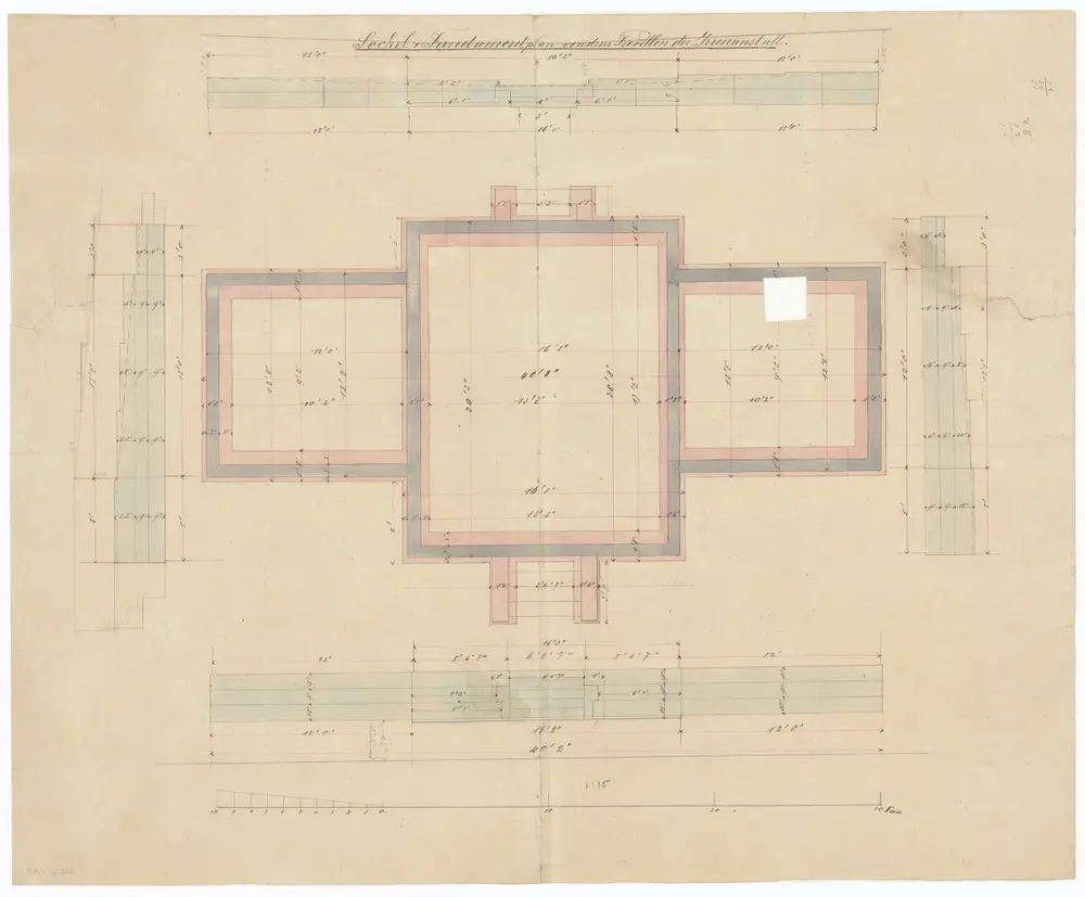 Irrenanstalt Burghölzli, Pavillon: Sockel und Fundament; Grundriss und Schnitte