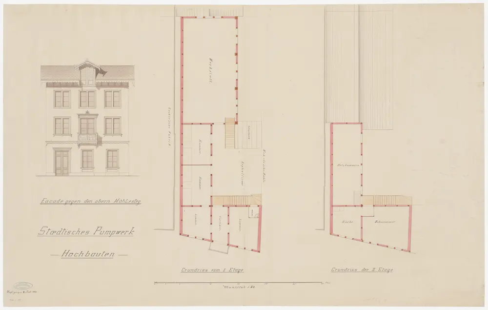 Zürich: Oberer Mühlesteg, Erweiterung des städtischen Pumpwerkes; Ansicht und Grundriss (Zürichsee-Abfluss Nr. 81 c)