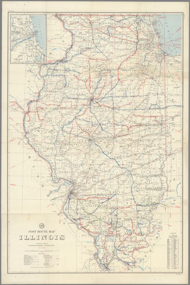 Post Route Map of the State of Illinois Showing Post Offices ...  July 15, 1952.